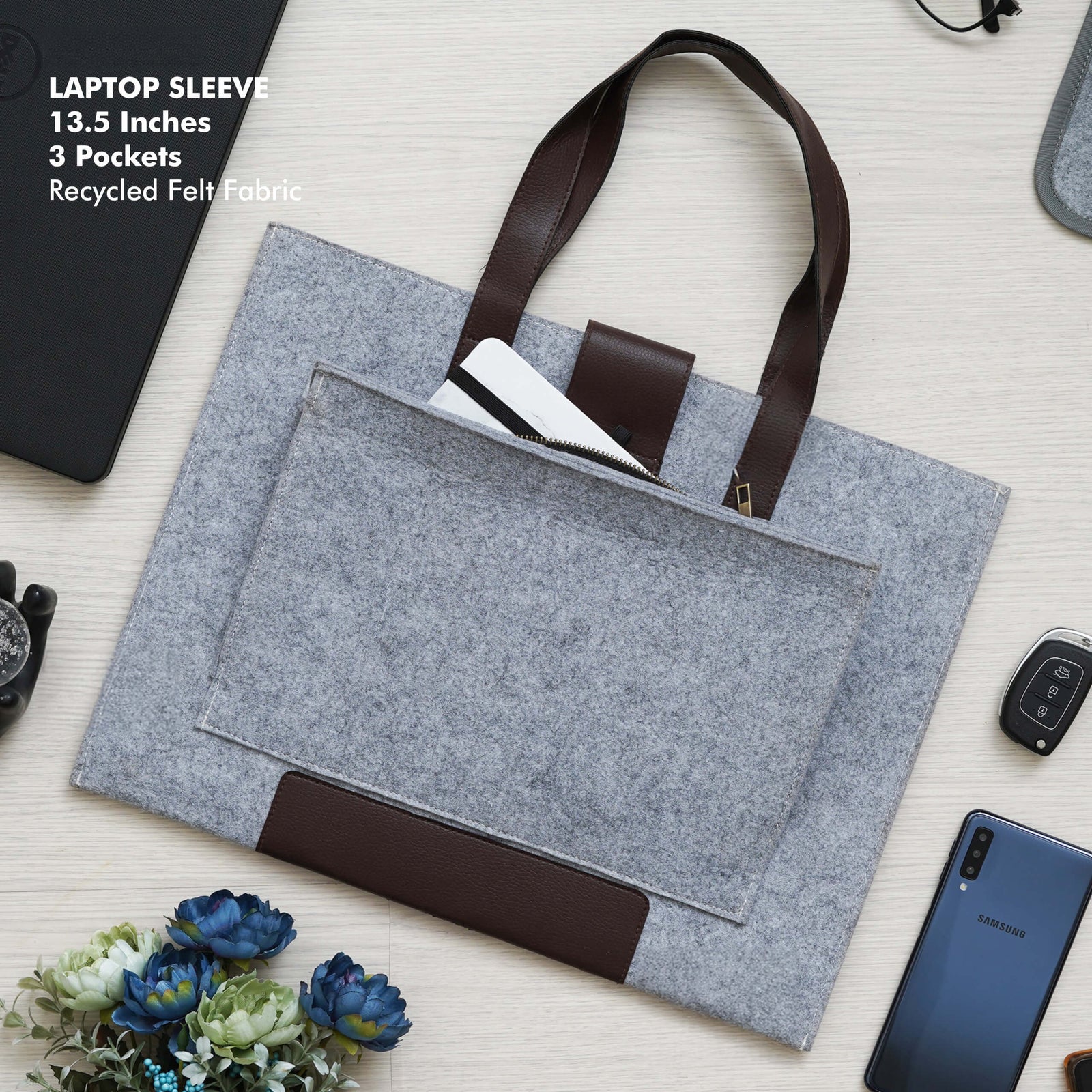 Grey Laptop Sleeve with Handles - Fits Laptops Up to 13.5 Inch
