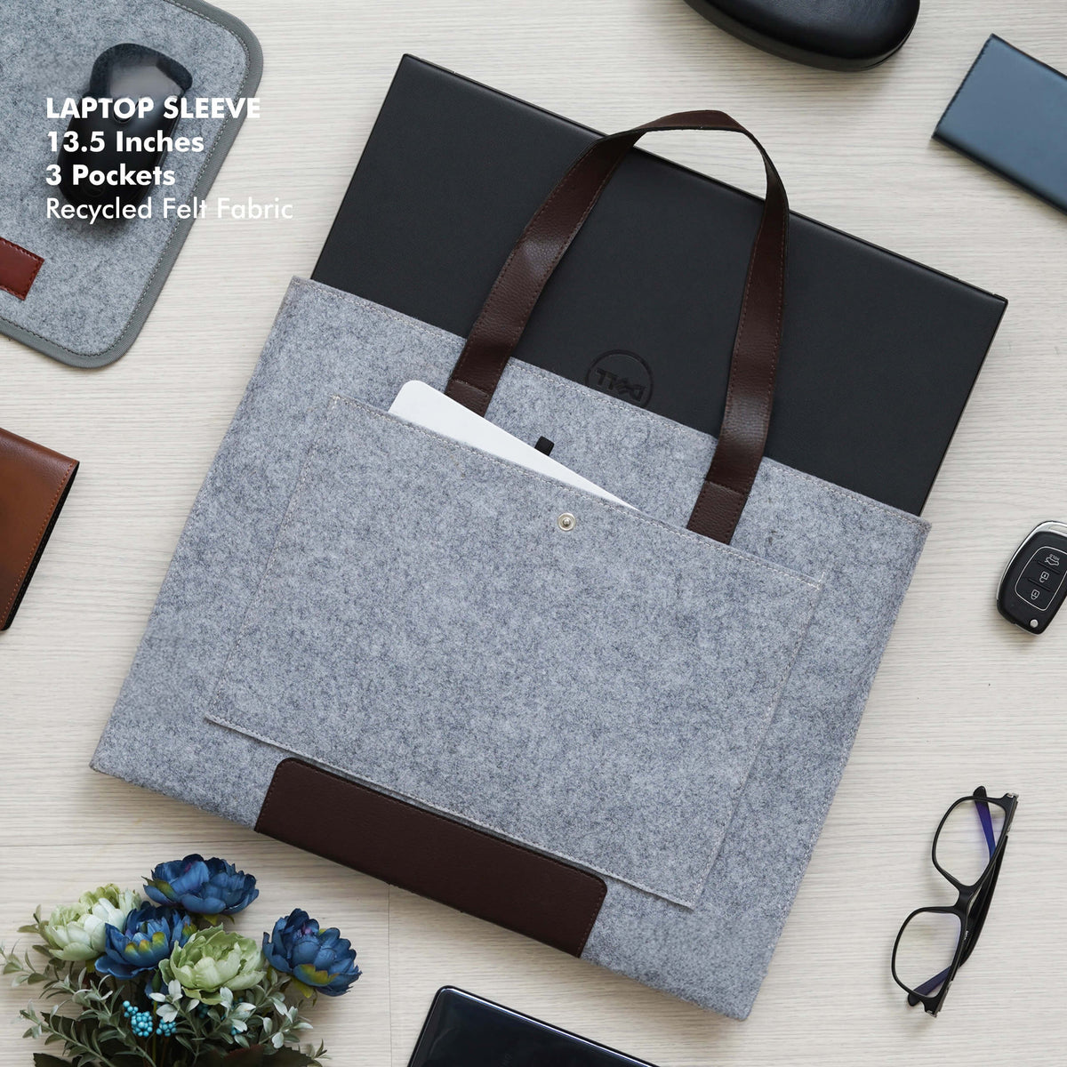 Grey Laptop Sleeve with Handles - Fits Laptops Up to 13.5 Inch