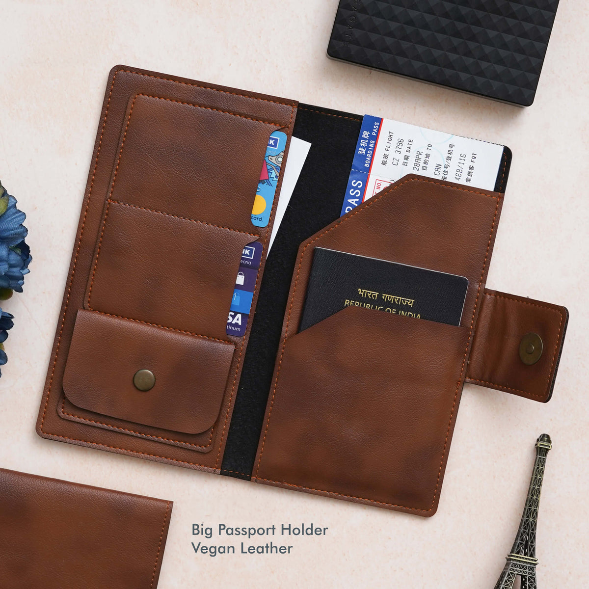 Premium Tan Vegan Leather Passport Holder - Big Size