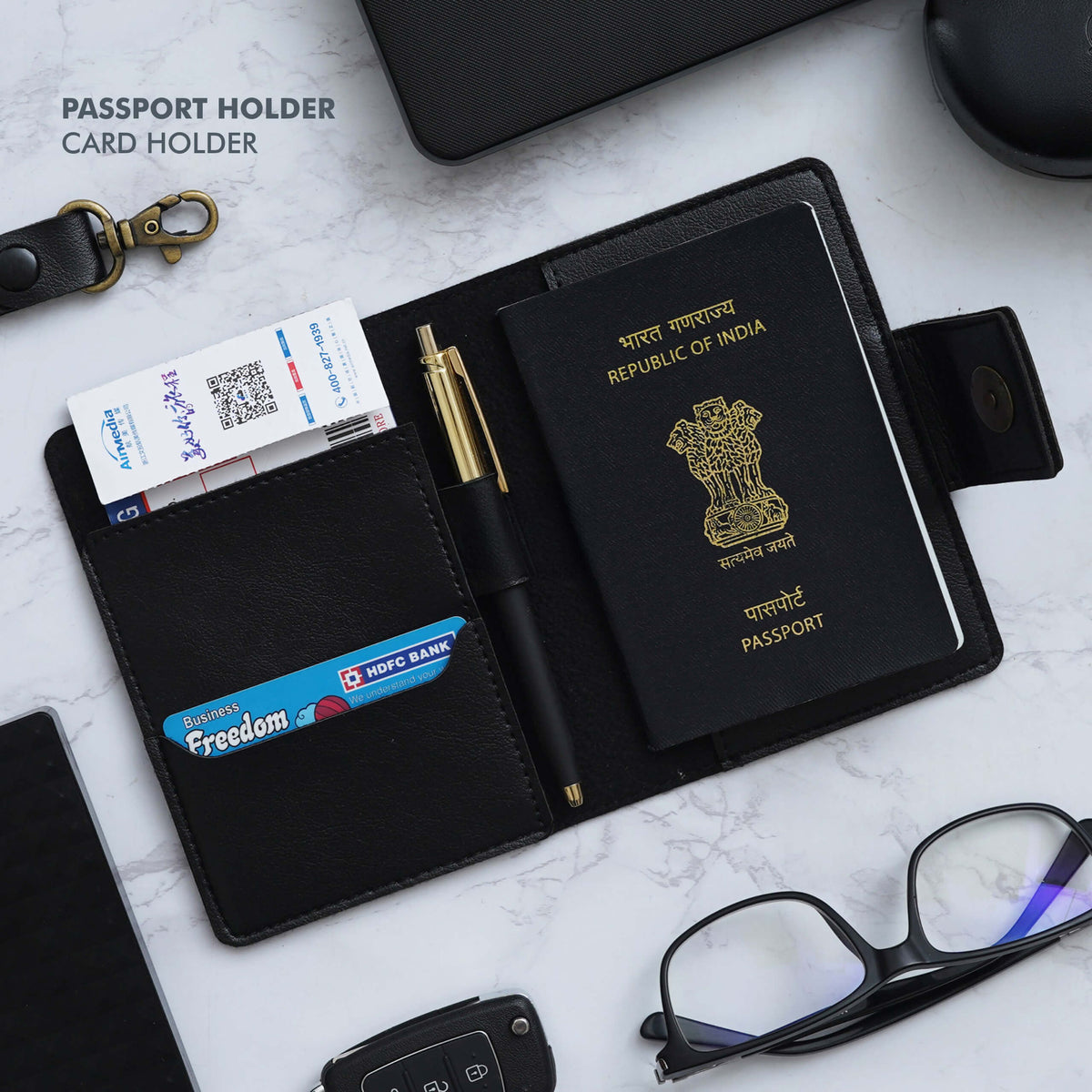 Sleek Black Vegan Leather Passport Holder