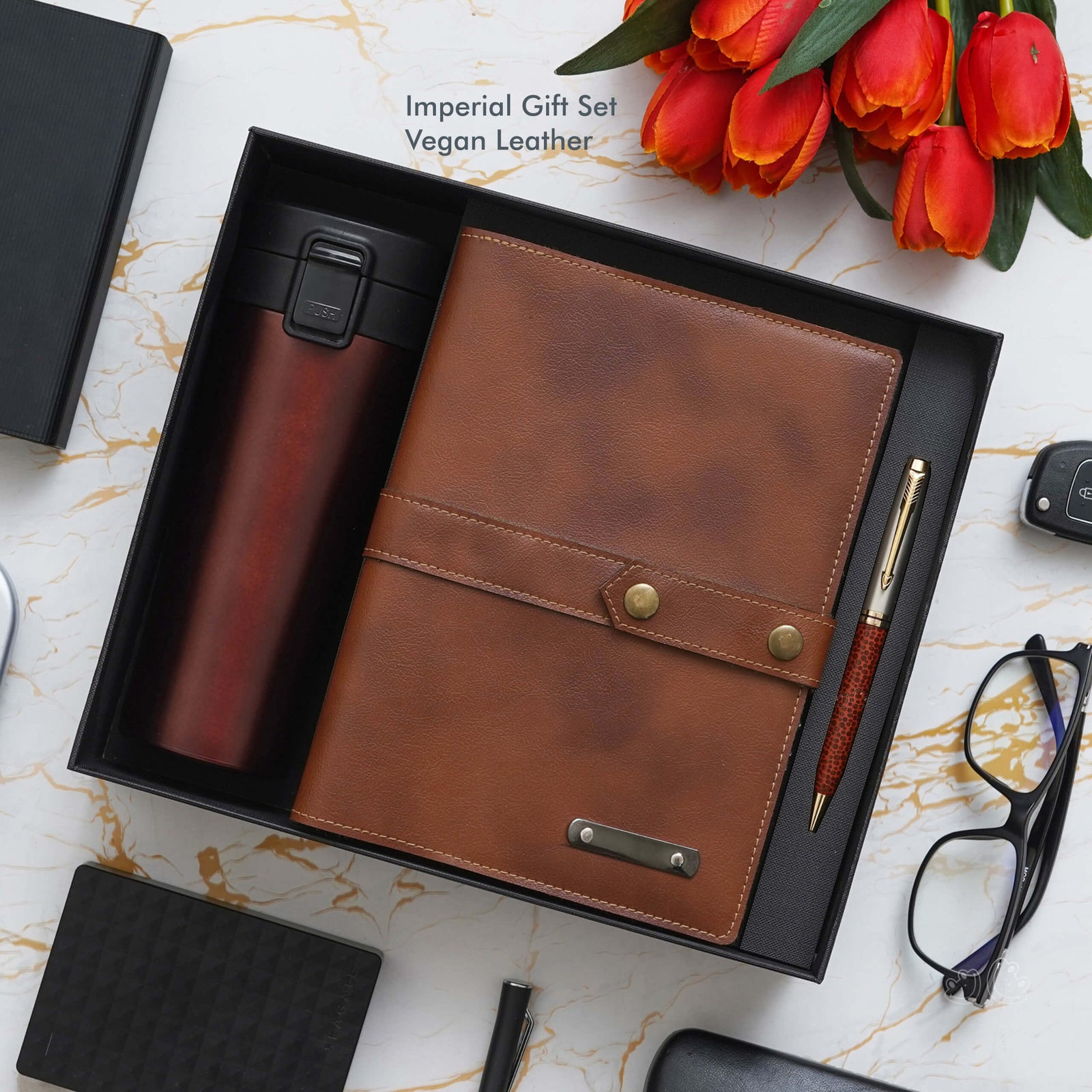 Deluxe Tan Vegan Leather Office Gift Set - Elevate Your Workspace