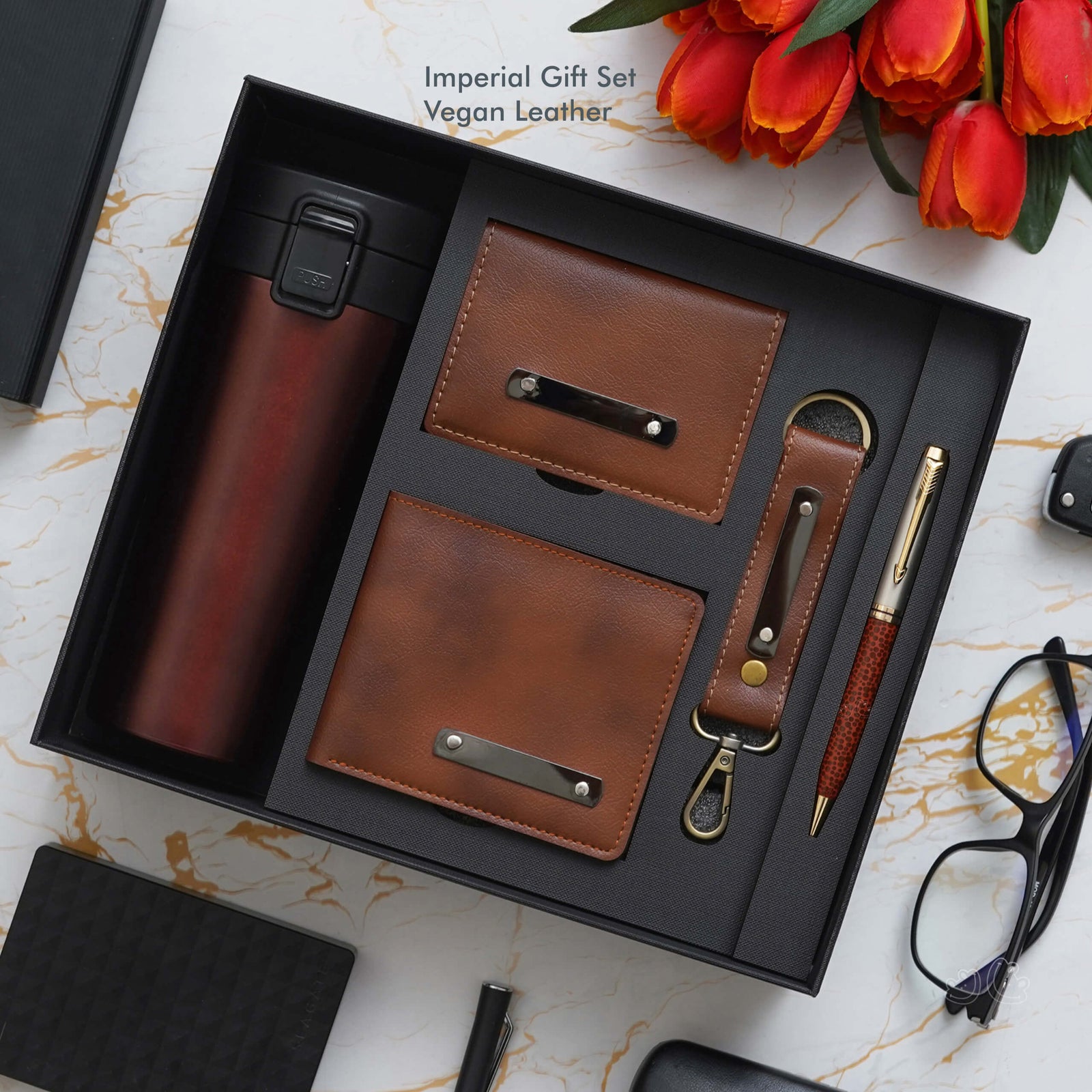 Deluxe Tan Vegan Leather Office Gift Set - Travel Mug, Notebook, Wallet & More