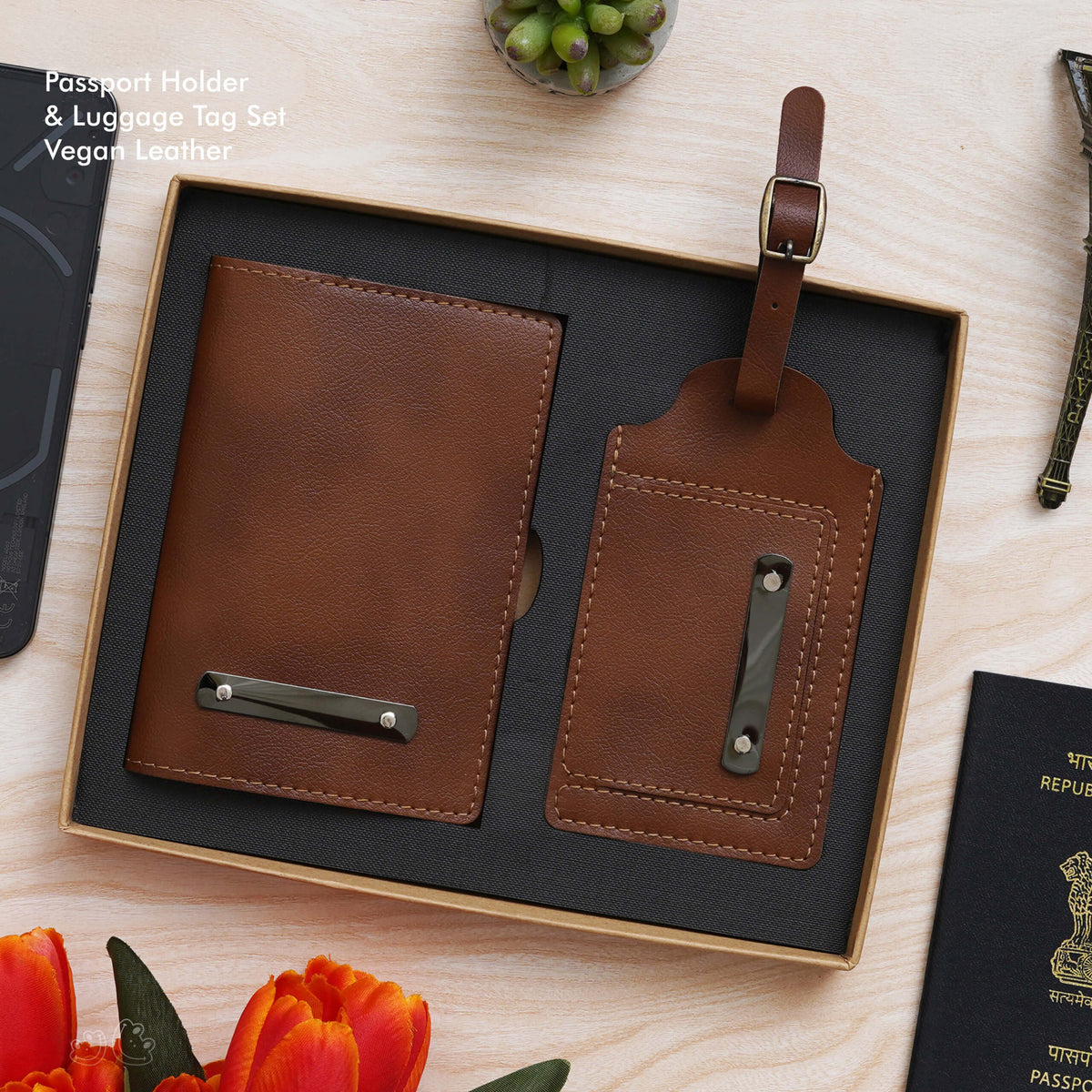 Tan Vegan Leather Passport Holder & Luggage Tag Set - product image 2