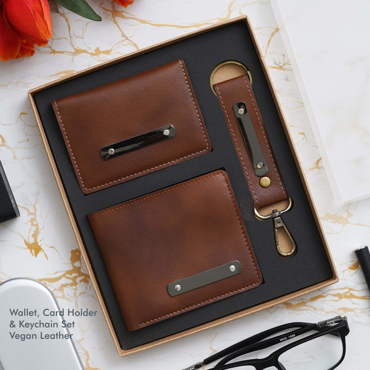 Tan Vegan Leather Wallet, Card Holder & Key Chain Set