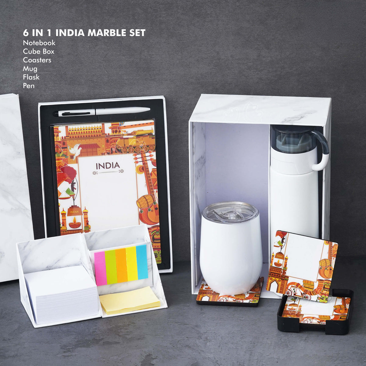 India Theme Gift Set - Notebook, Coasters, Mug, Flask, Pen