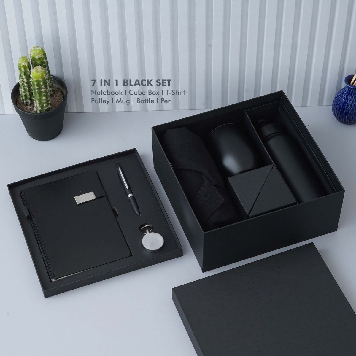 Deluxe Black Gift Set - Notebook, Cube Box, T-Shirt, Mug, Bottle, Pen