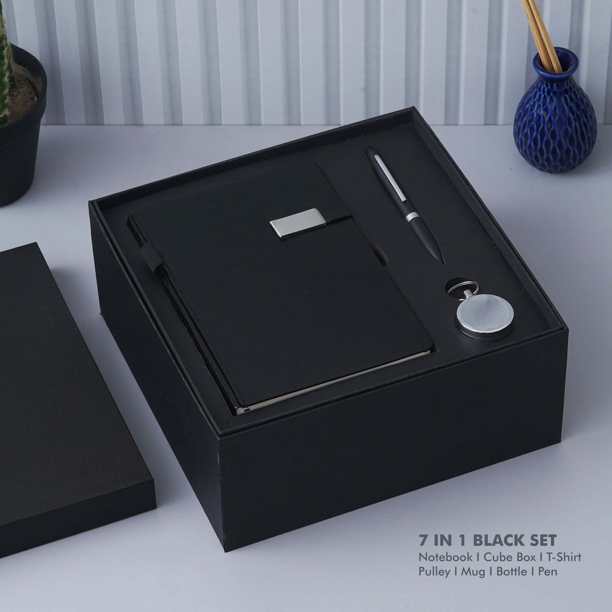 Deluxe Black Gift Set - Notebook, Cube Box, T-Shirt, Mug, Bottle, Pen