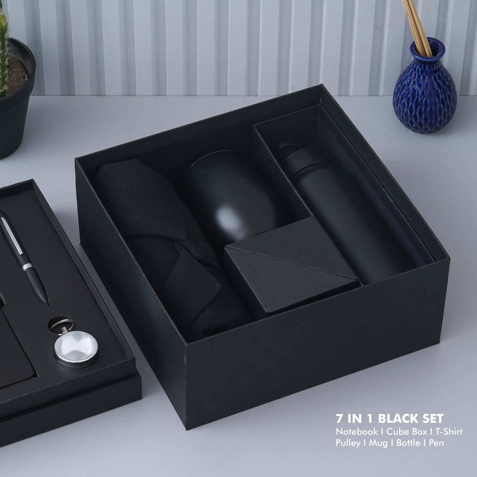 Deluxe Black Gift Set - Notebook, Cube Box, T-Shirt, Mug, Bottle, Pen