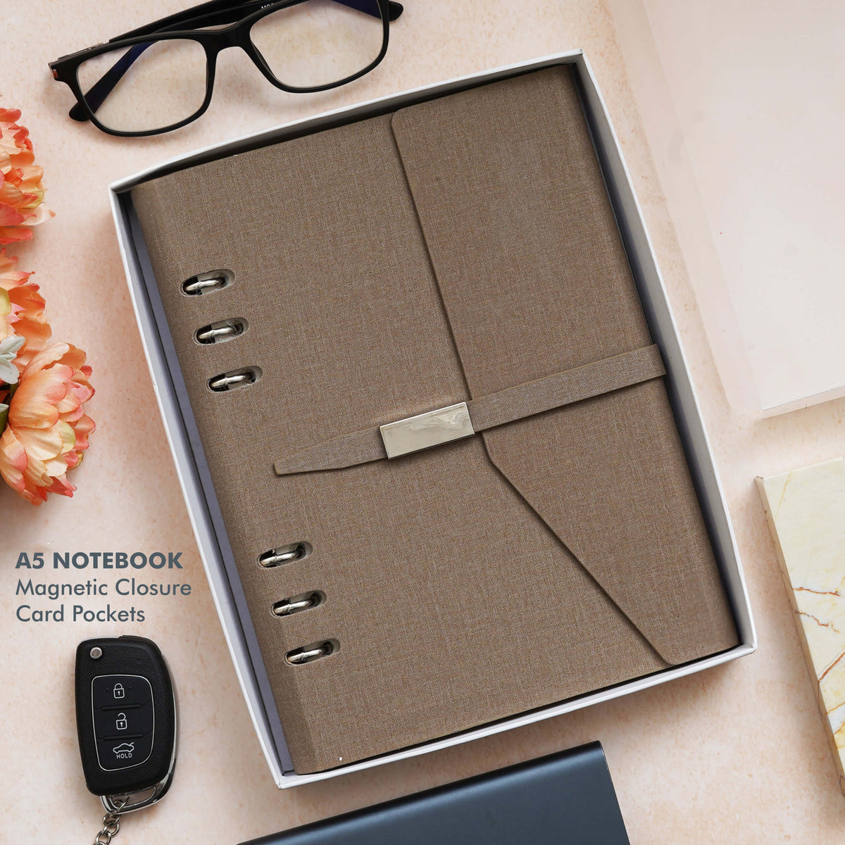 Customizable Brown A5 Notebook with Magnet Closure