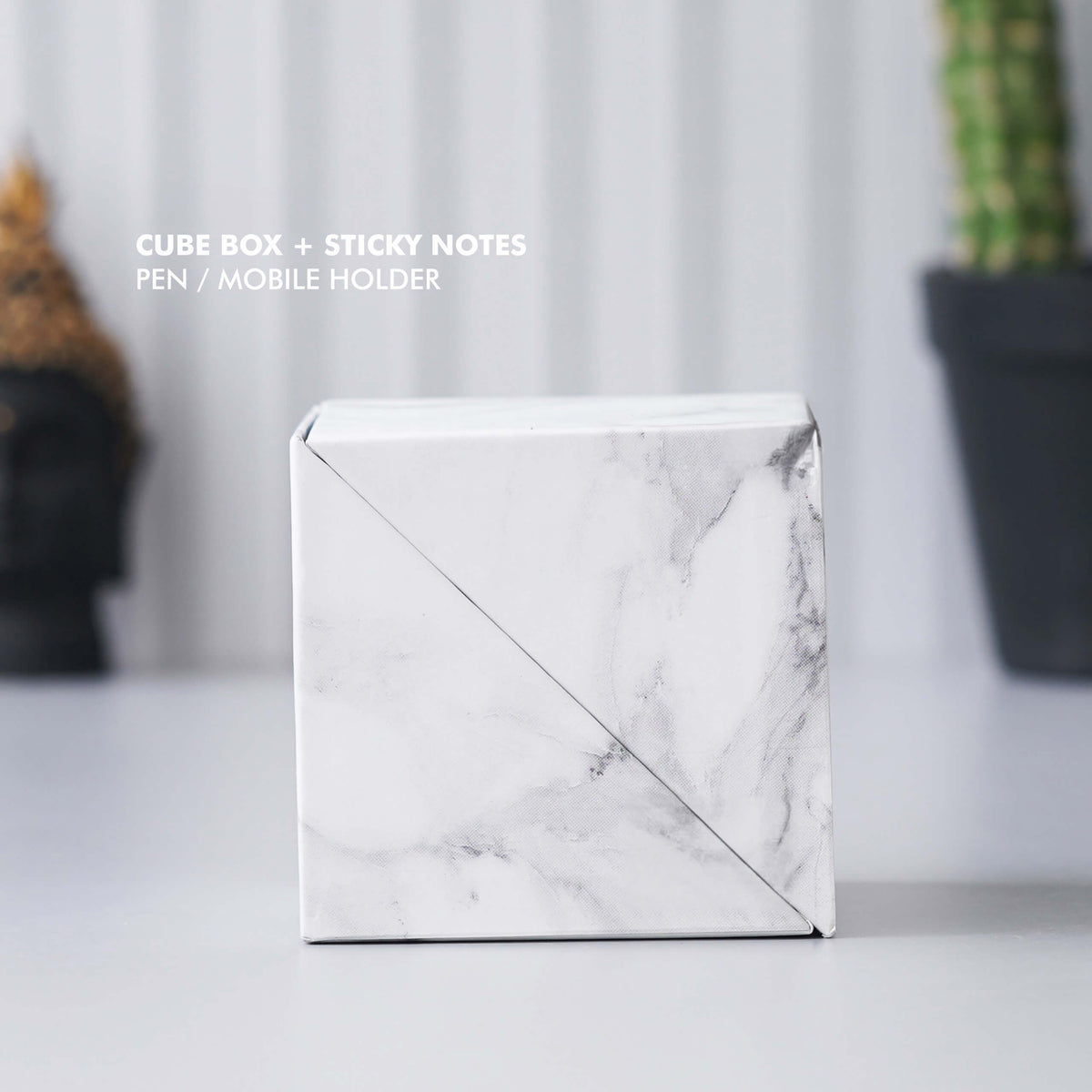 White Cube Box with Paper Note Slips, Sticky Notes, and Pen/Mobile Holder