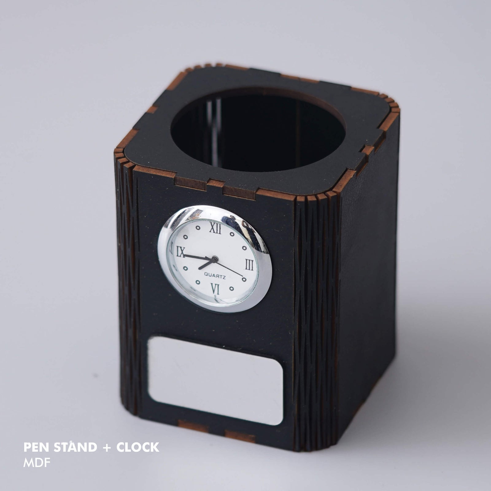 Customizable Black MDF Pen Stand with Clock - Stylish Desk Organization