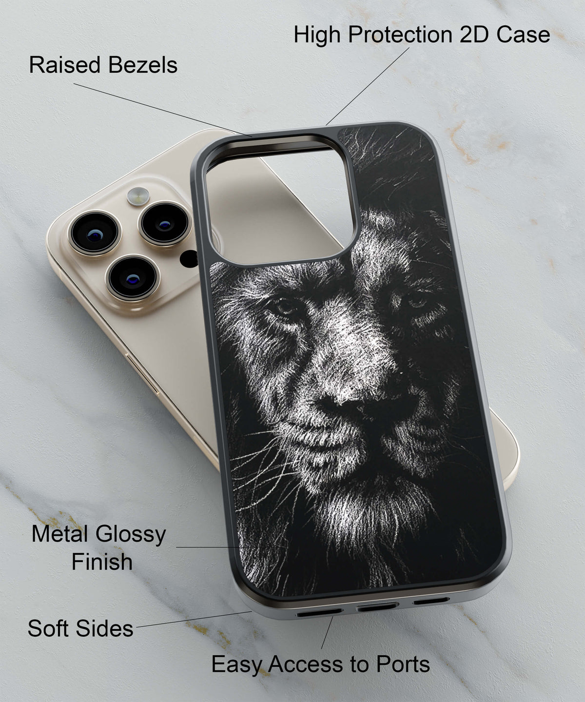 Animated Face Potrait Of A Lion Back Cover for 2D Hybrid TPU And Metal CaseBT0164Hybrid Metal TPU-Image 2