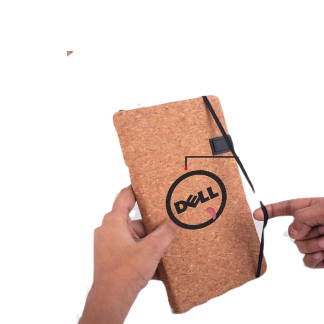 Close-up of cork A5 notebook with integrated 16 GB USB drive and hardbound cover