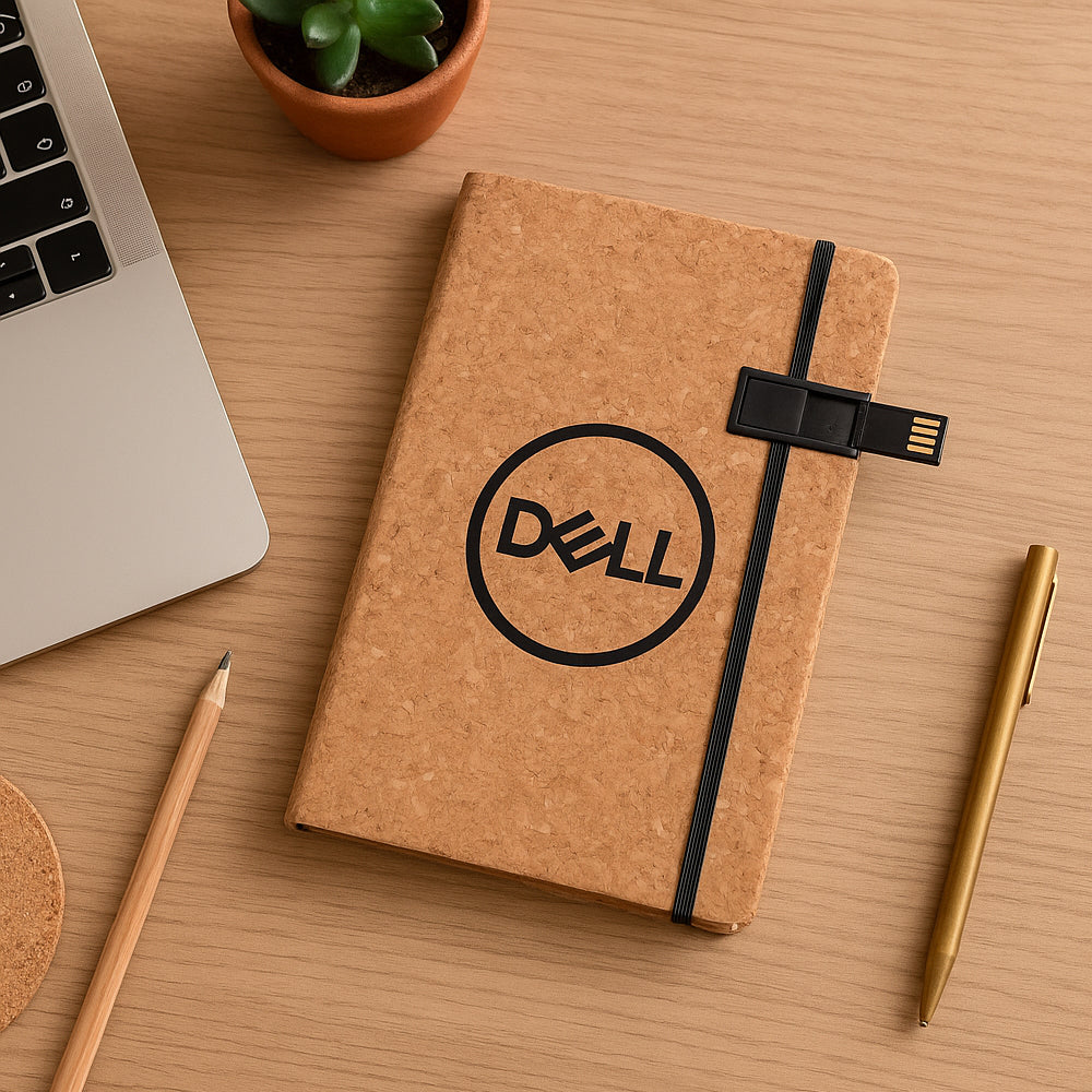 Eco-friendly cork A5 notebook with built-in 16 GB pen drive – lifestyle view