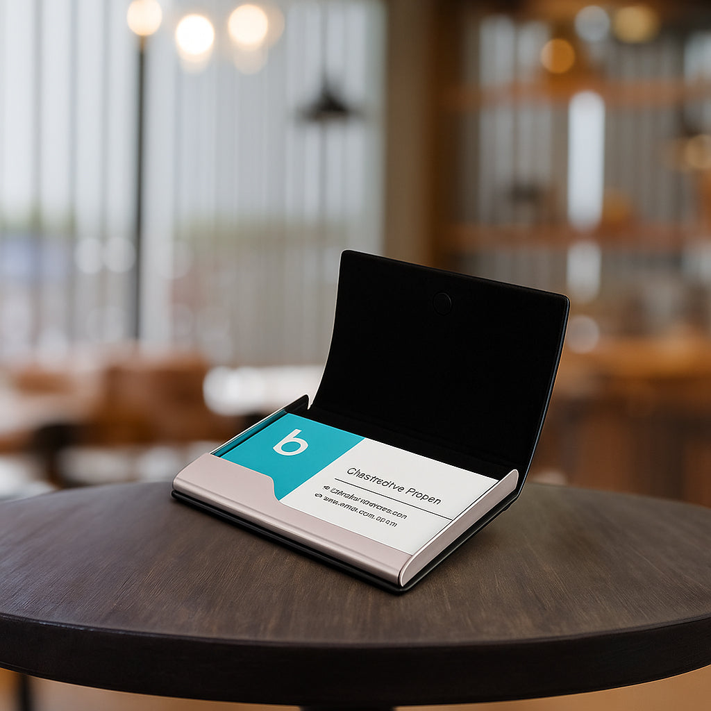 Close-up of sleek stainless steel magnetic visiting card holder with branding plate