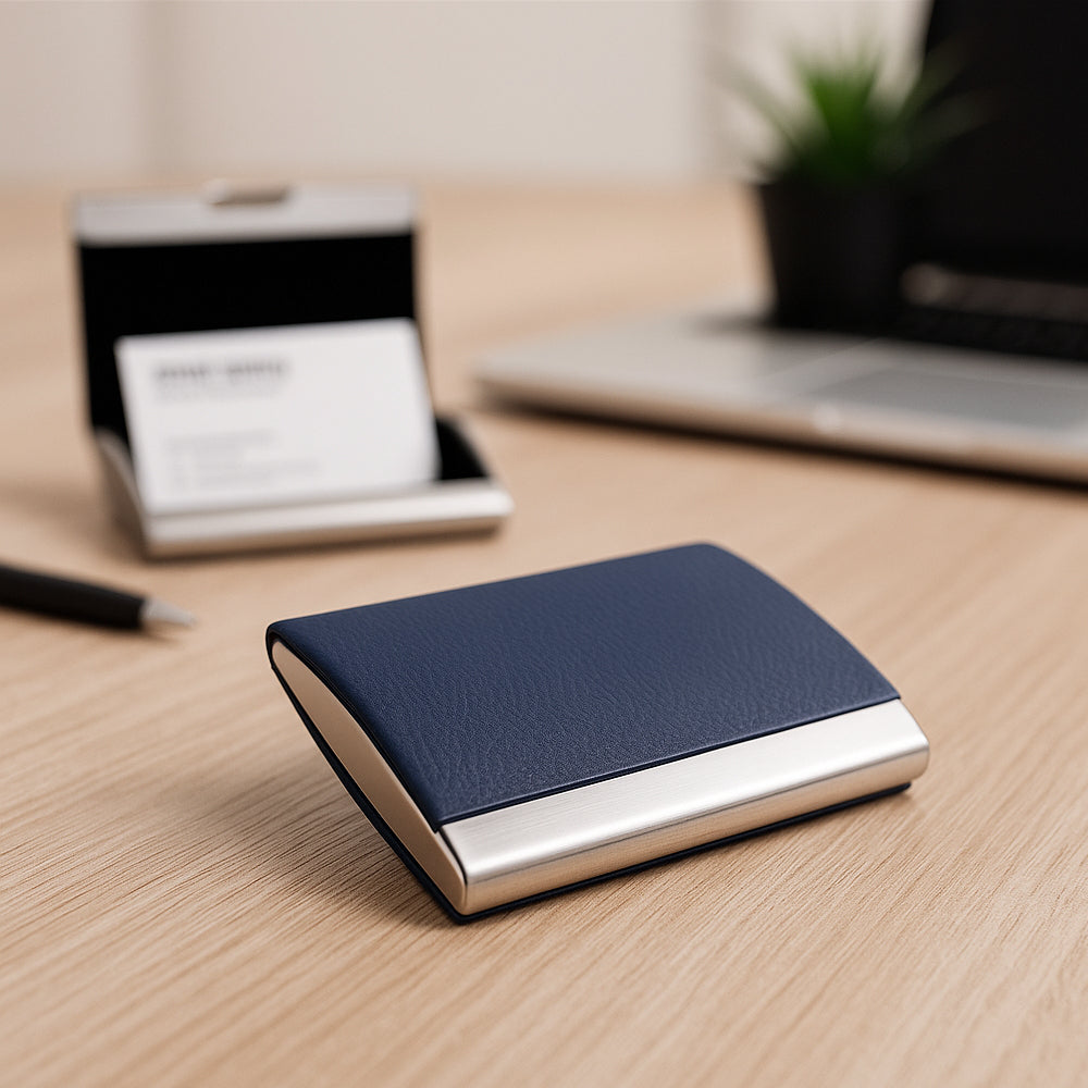 Stainless steel magnetic visiting card holder in blue with sleek design and metal finish