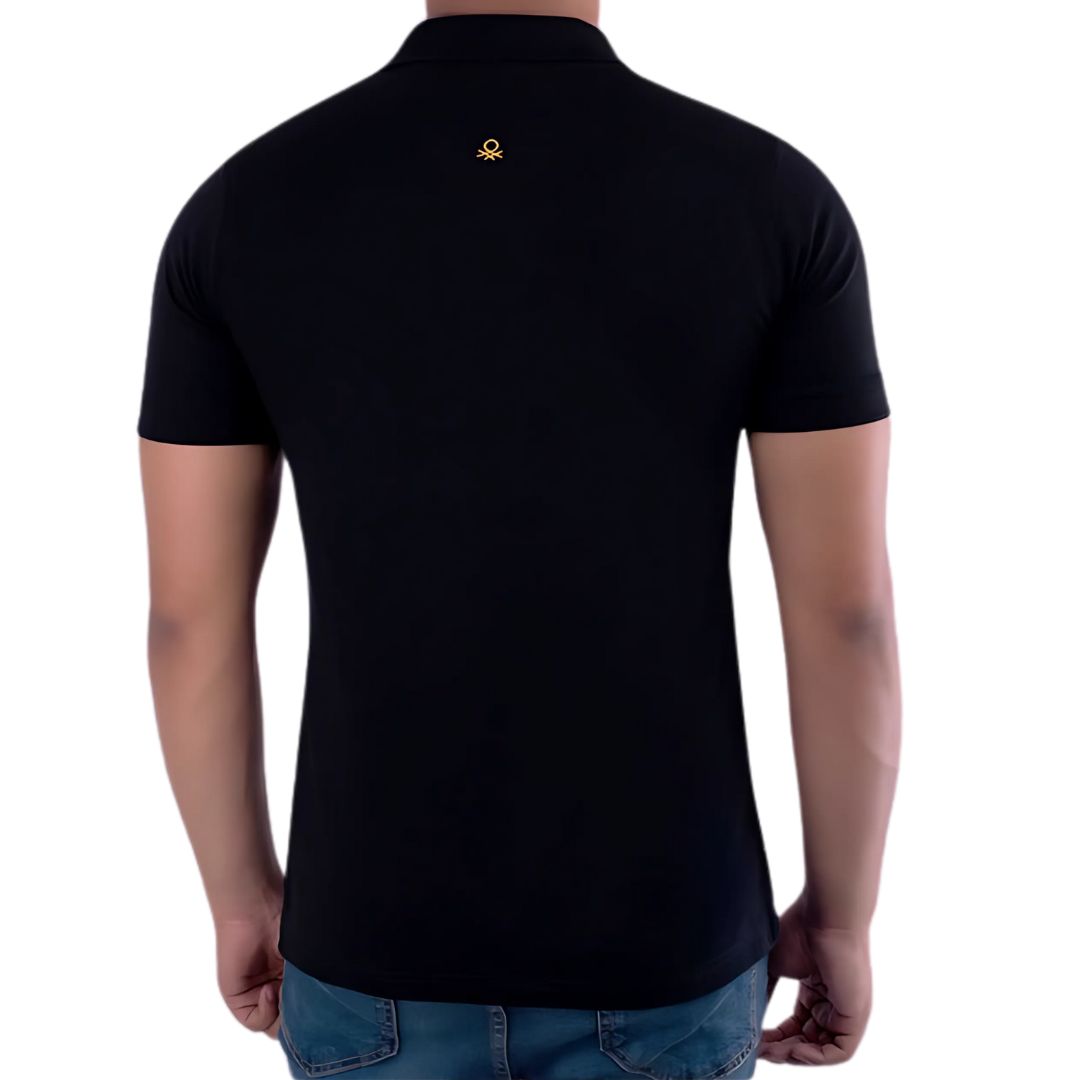Black Benetton UCB polo t-shirt on model, short sleeves, casual men’s wear
