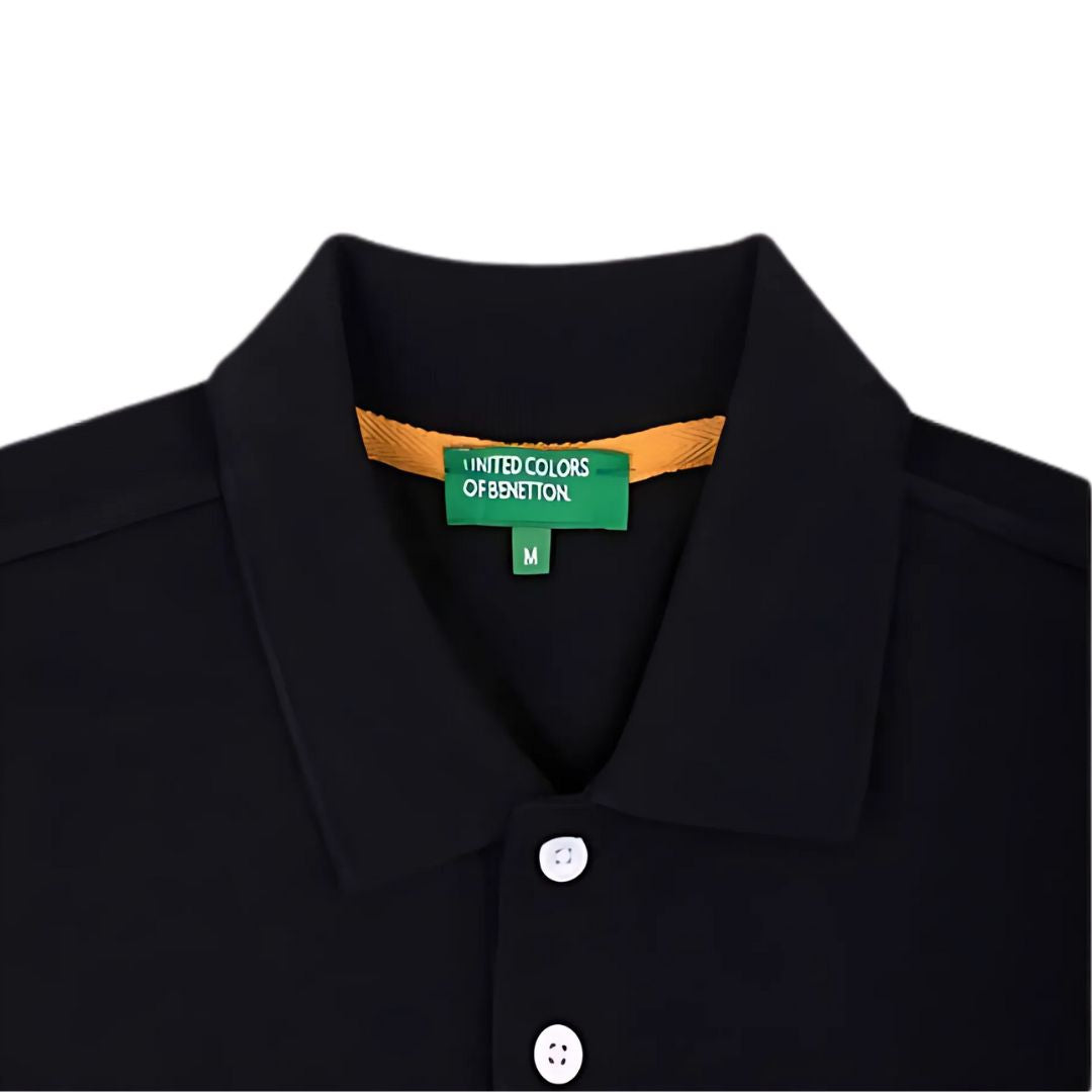 Close-up of Benetton UCB polo collar with branded label and buttons