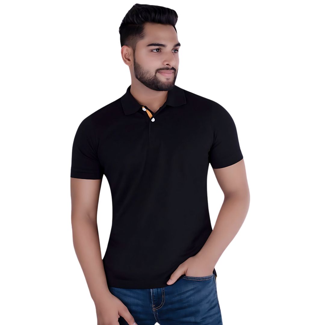 Black Benetton UCB polo t-shirt on model, short sleeves, casual men’s wear