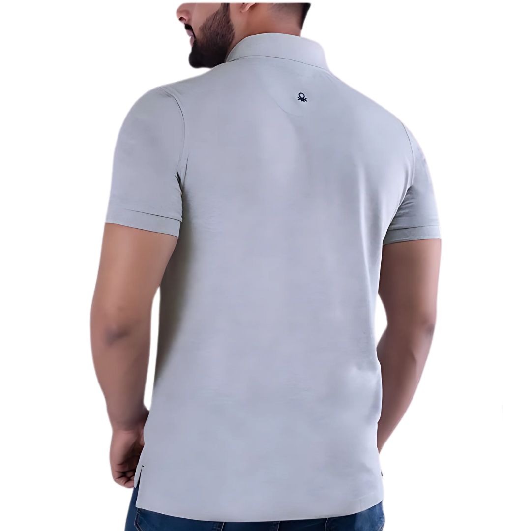 “Benetton UCB Polo T-Shirt front view – light grey cotton blend”
