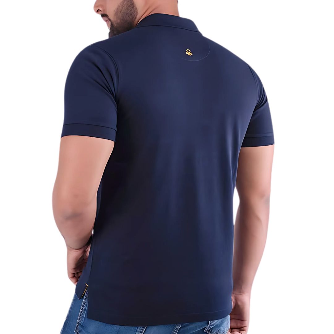 UCB navy blue polo t-shirt front view for men