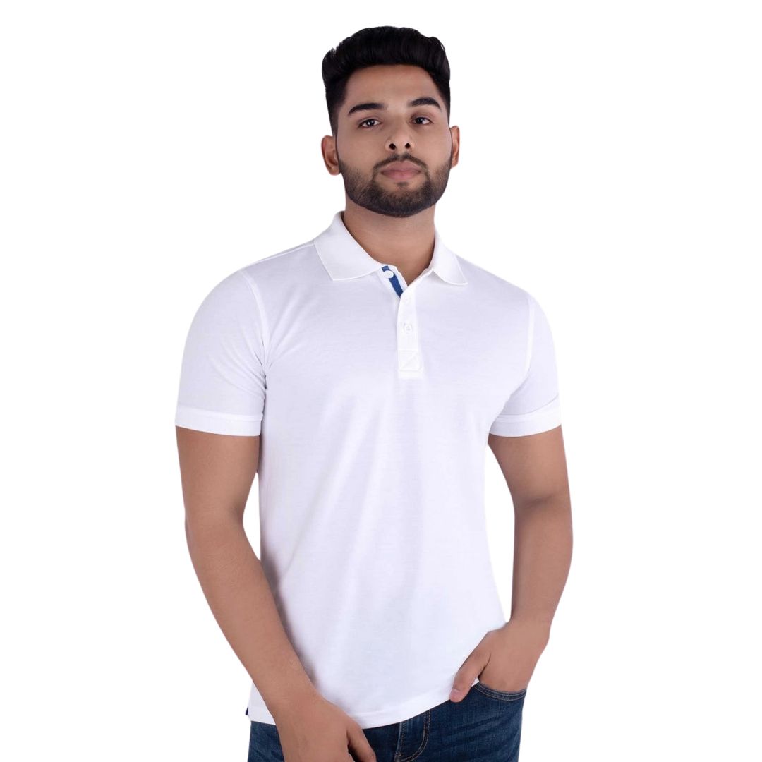 Front view of UCB white polo T-shirt – cotton polyester men’s casual wear