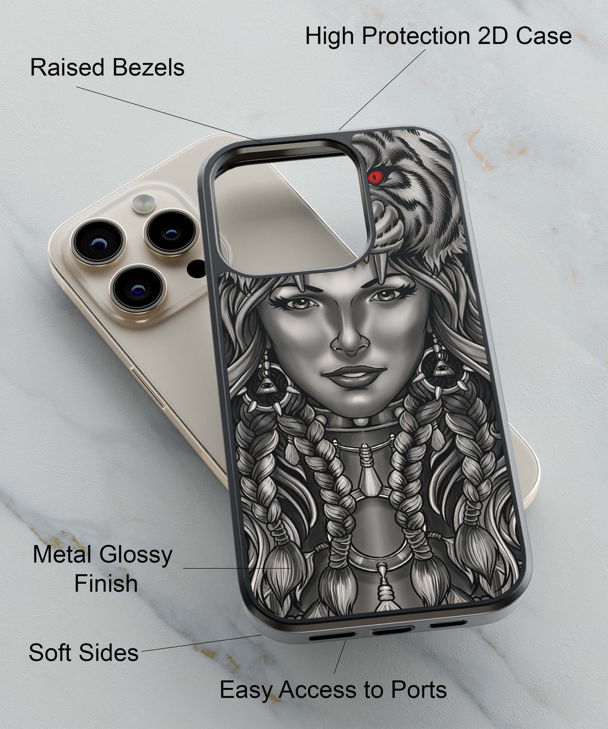 Charming Lady with Tiger Back Cover for 2D Hybrid TPU And Metal CaseU0196Hybrid Metal TPU-Image 2