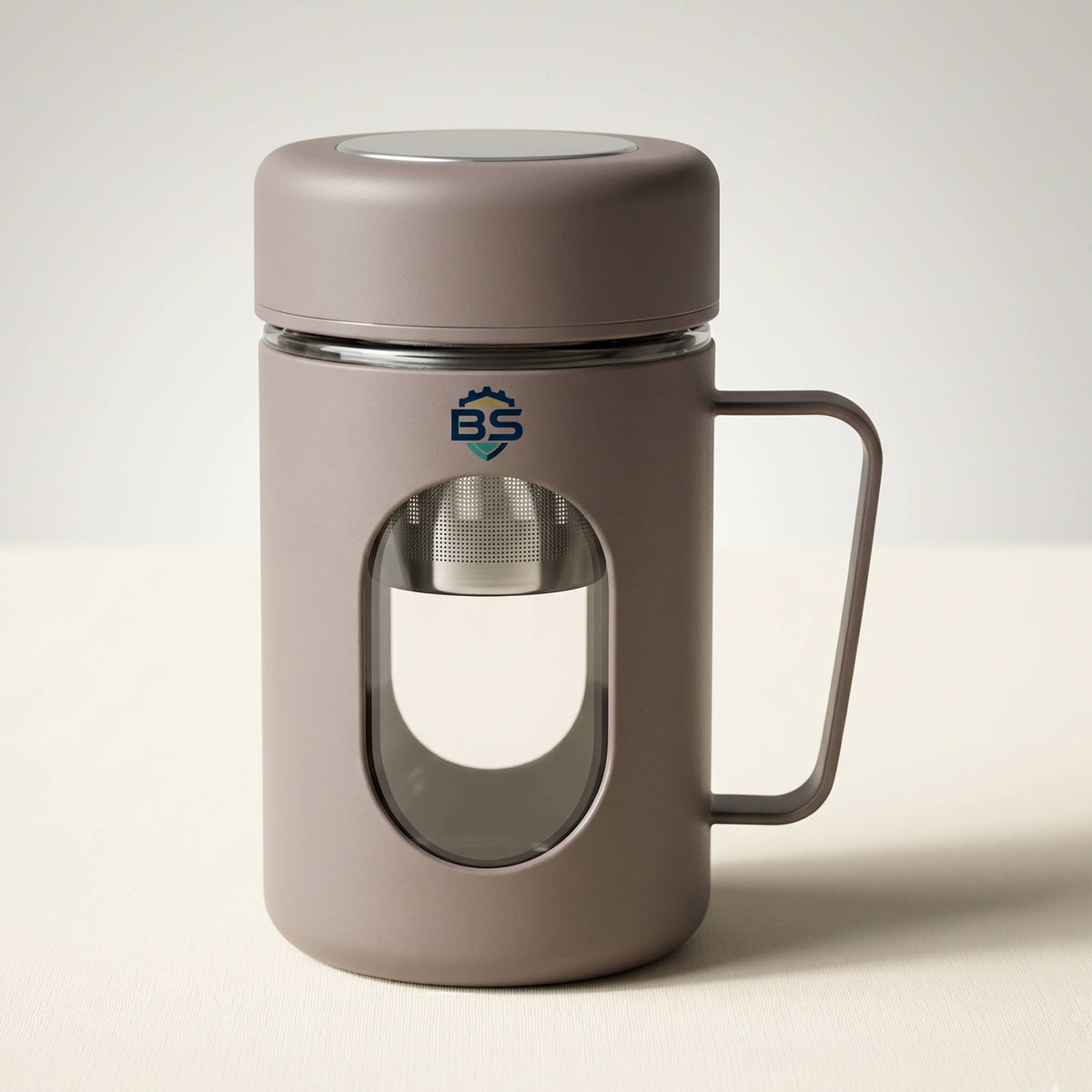 BrewShield glass mug with tea infuser 500ml customized with corporate logo – YuBingo Corporate Drinkware H388