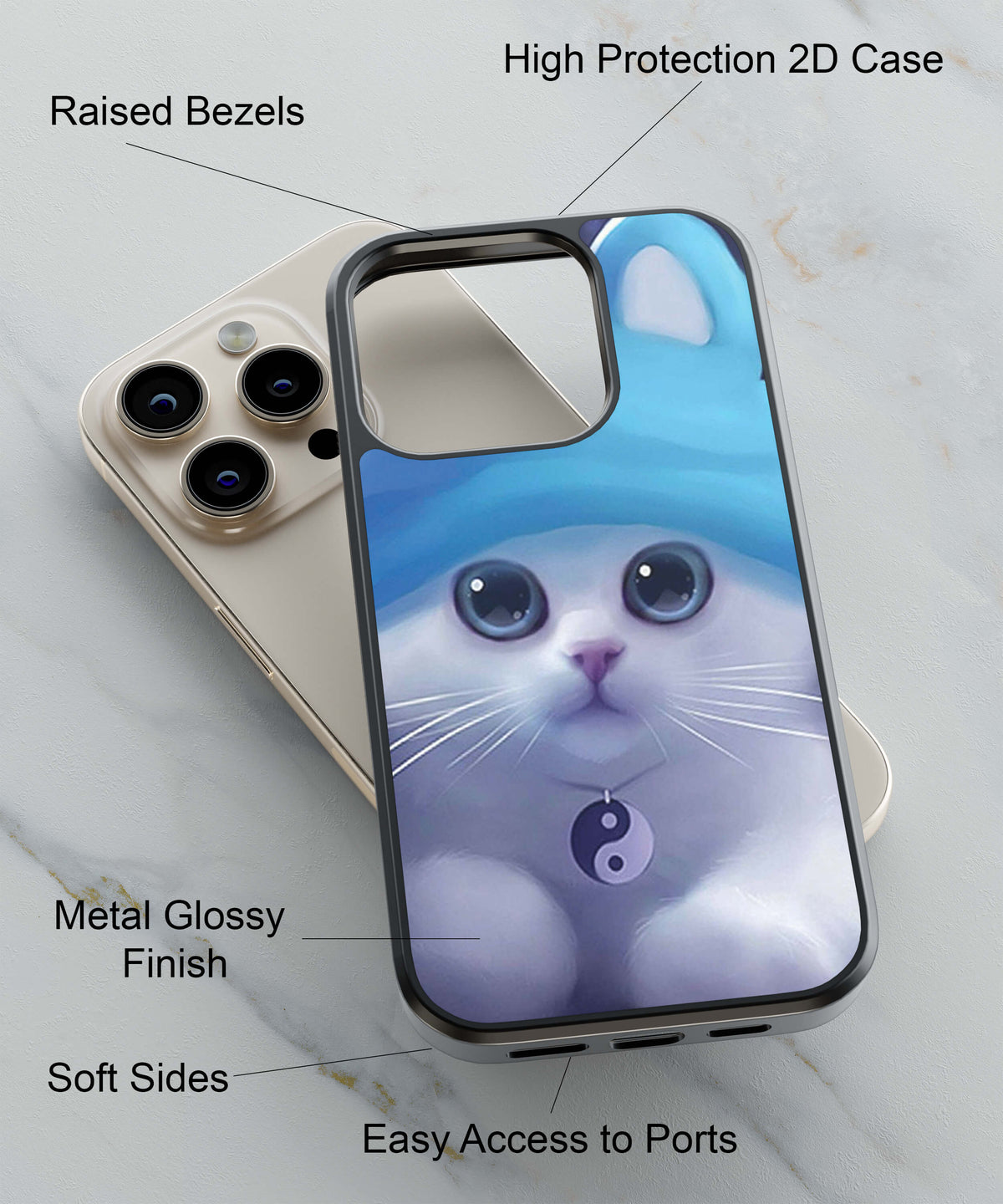 Cute Animated Cat Wearing A Peace Charm Back Cover for 2D Hybrid TPU And Metal CaseBT0039Hybrid Metal TPU-Image 2