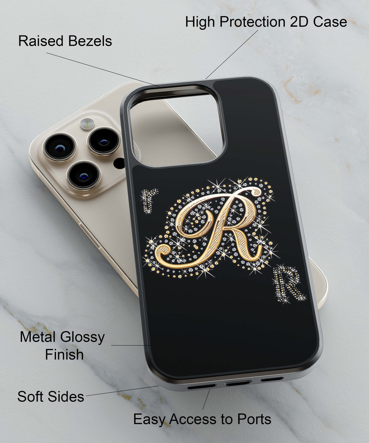 Decorated R Alphabet Back Cover for 2D Hybrid TPU And Metal CaseBT0085Hybrid Metal TPU-Image 2