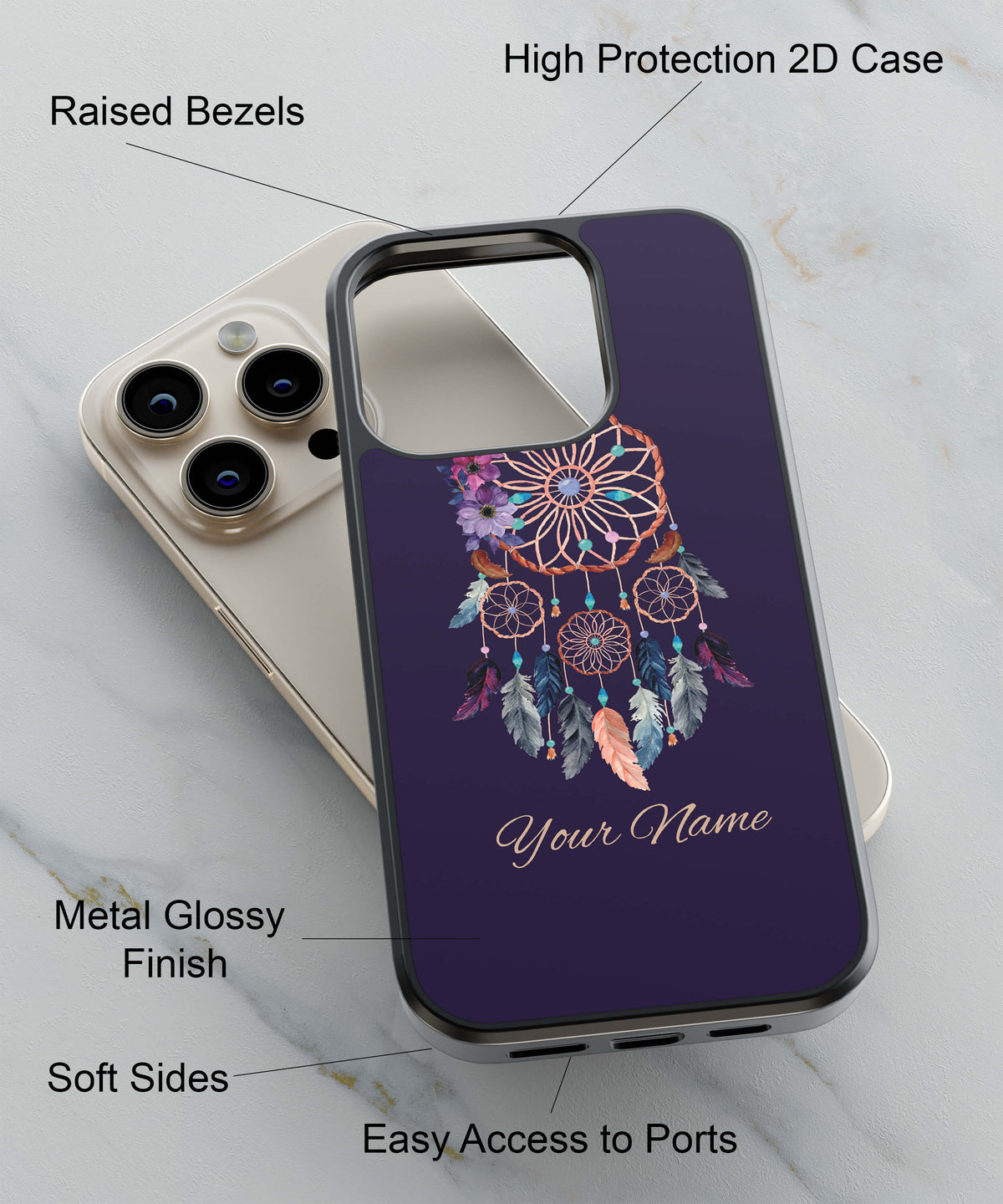 Dream Catcher with Name Back Cover for 2D Hybrid TPU And Metal CaseIK5012Hybrid Metal TPU-Image 2