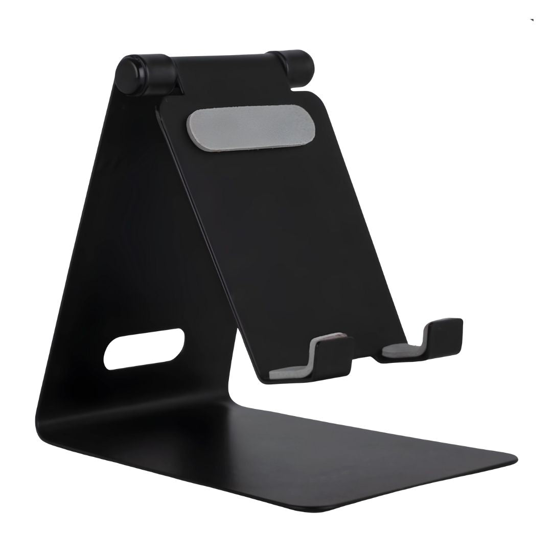 Front view of adjustable black metal mobile stand with oval cable slot