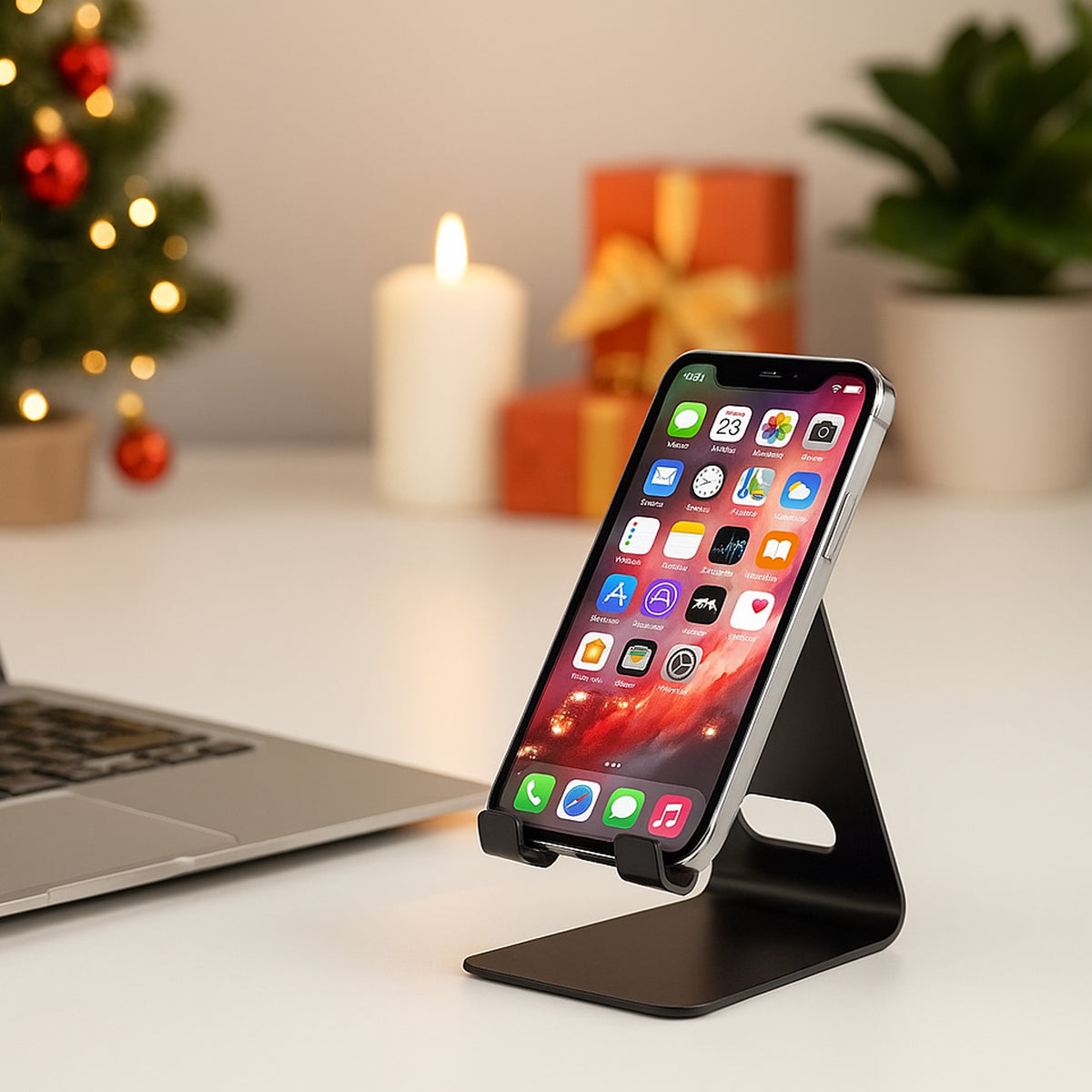 Metal mobile stand on desk with smartphone, perfect for home or office use