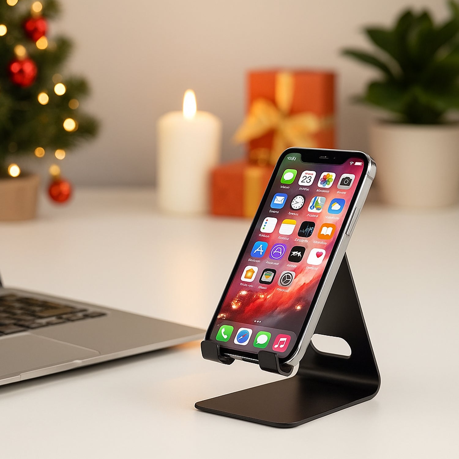 Metal mobile stand on desk with smartphone, perfect for home or office use
