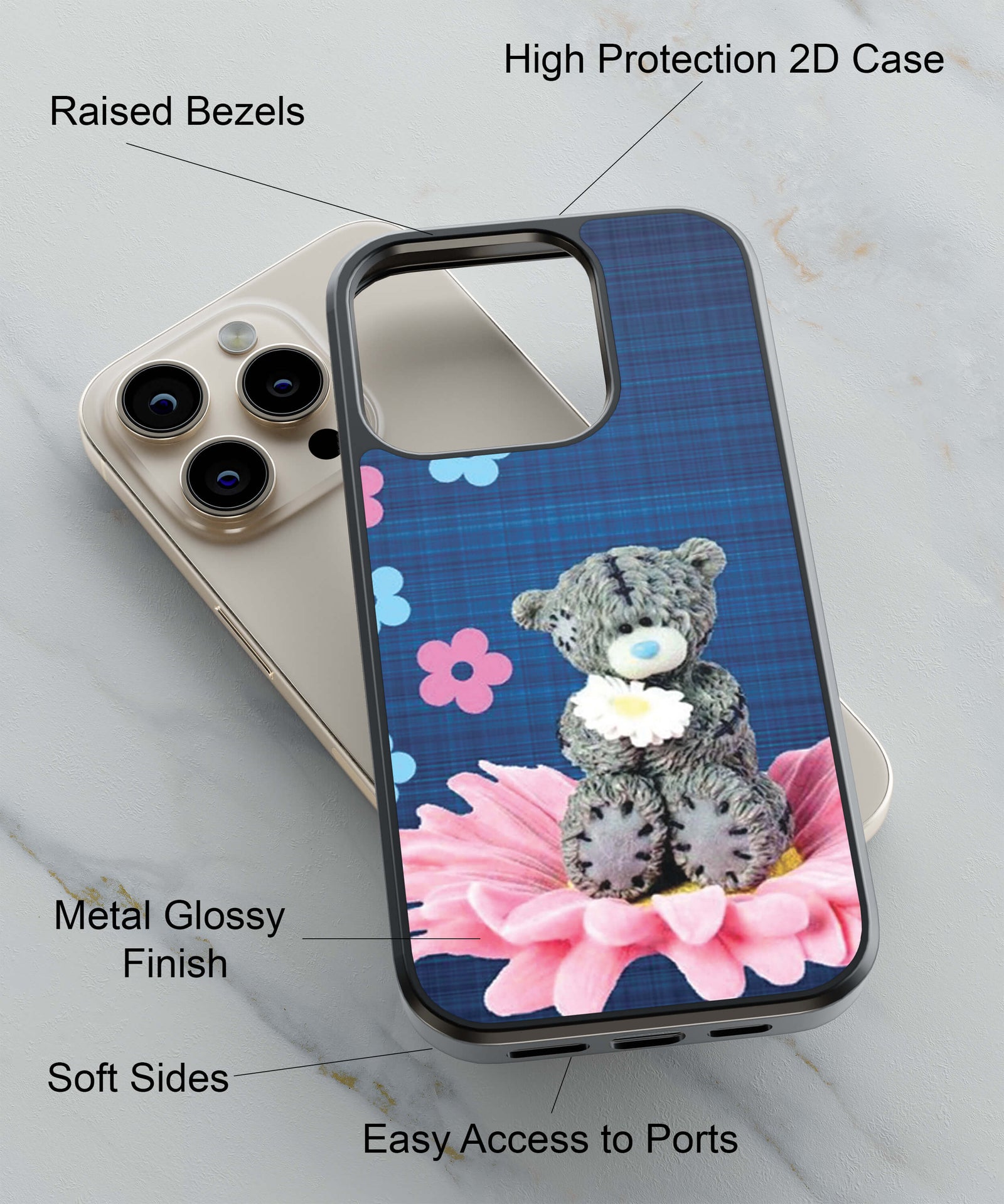 Grey Teddy On A Pink Flower Pic Back Cover for 2D Hybrid TPU And Metal CaseBT0129Hybrid Metal TPU-Image 2