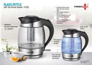 Glass Kettle with Tea Infuser Basket - Borosilicate Glass, 360º Cordless Design
