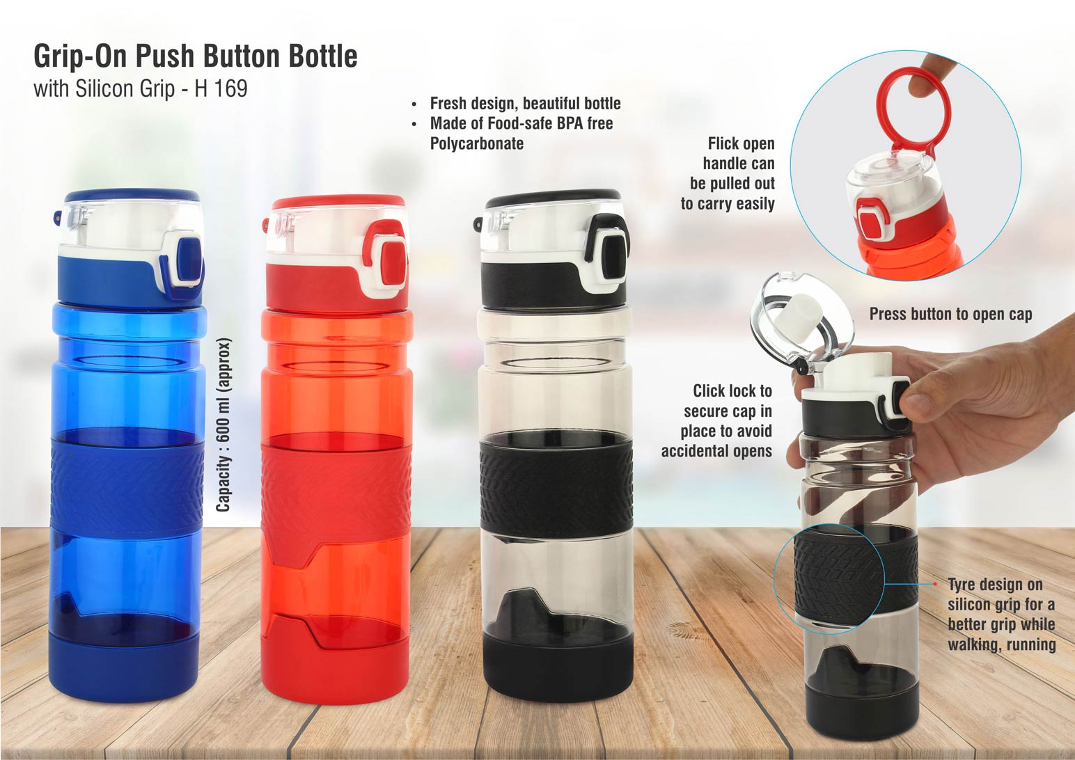 Grip-On Push Button Bottle with Silicon Grip 600ml