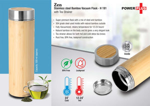 Zen Stainless Steel Bamboo Vacuum Flask with Tea Strainer - Natural, 500ml