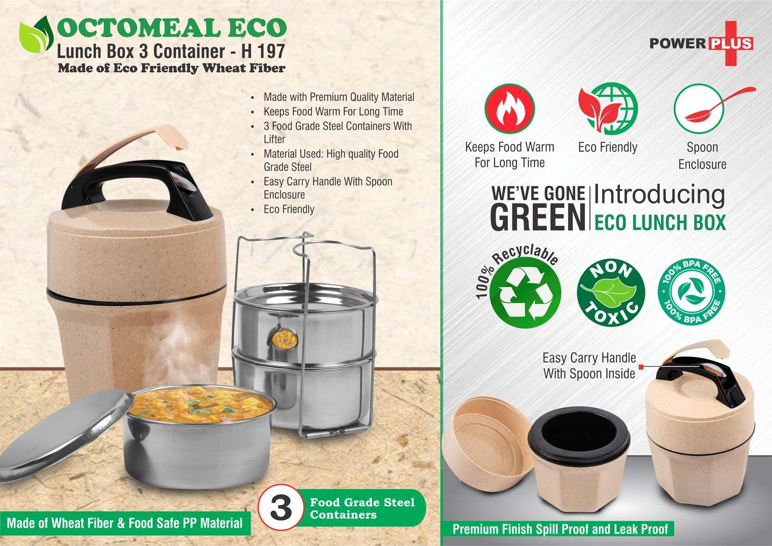 Octomeal Eco 3 Steel Container Lunch Box with Spoon - Natural, 100% Recyclable
