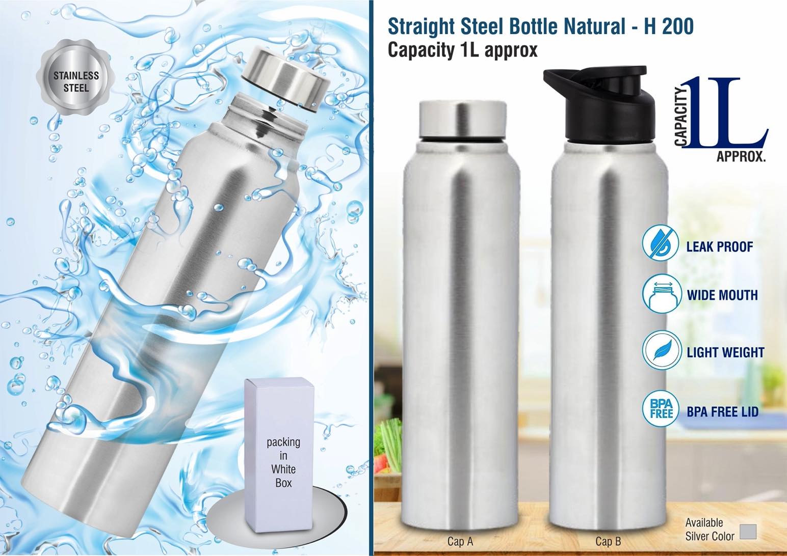 Stay Hydrated in Style with Our Straight Steel Bottle - Natural Silver, 1L Capacity"