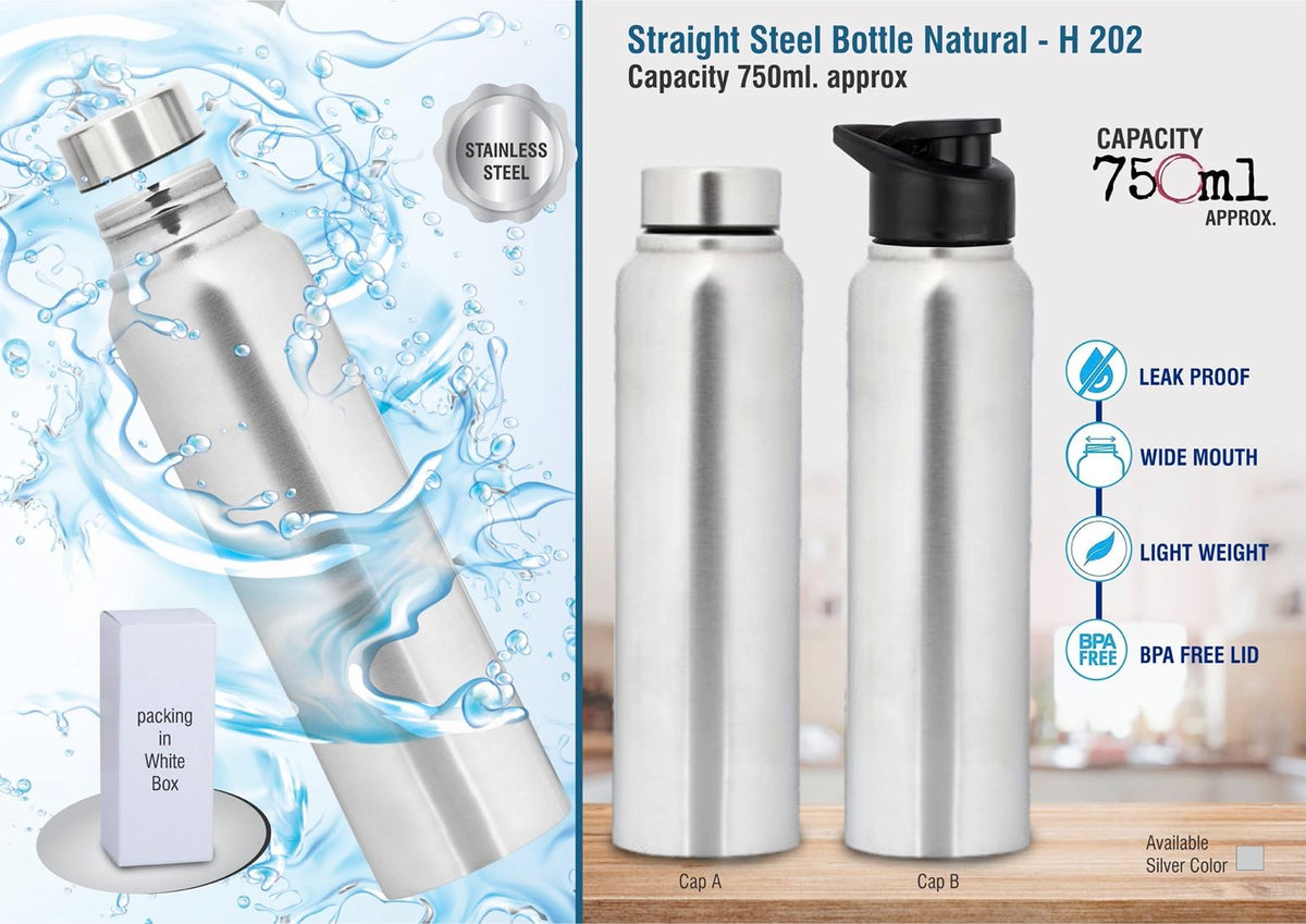 Stay Hydrated on the Go with Our Straight Steel Bottle - Natural Silver, 750ml Capacity