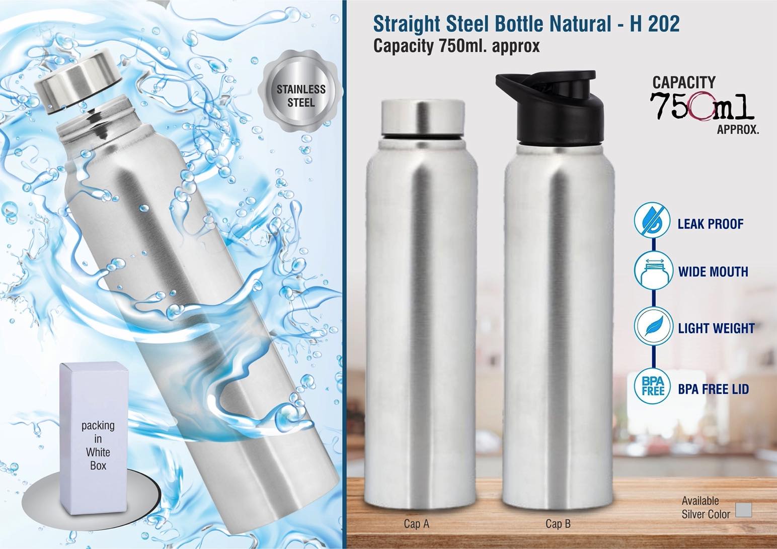 Stay Hydrated on the Go with Our Straight Steel Bottle - Natural Silver, 750ml Capacity