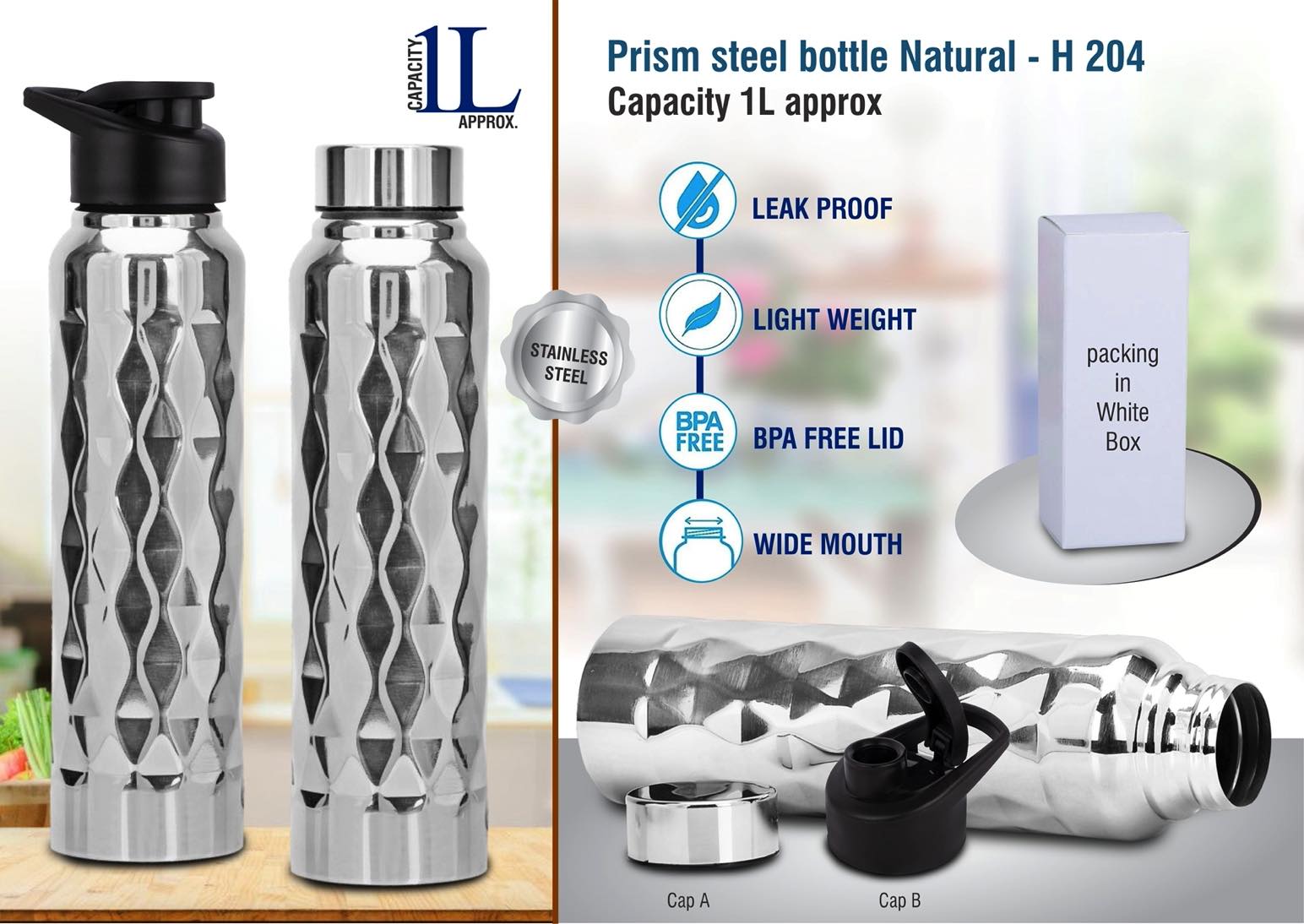 Add Some Sparkle to Your Hydration Routine with Our Prism Steel Bottle - Natural Silver, 1L Capacity
