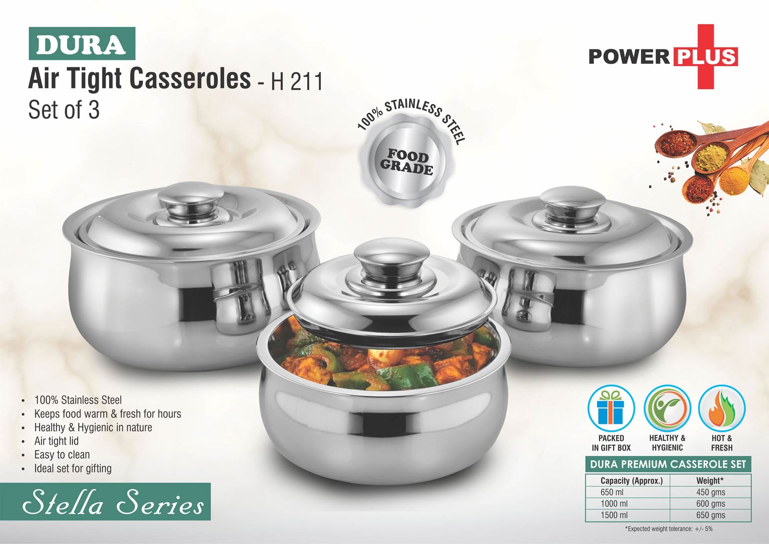 Dura Premium Stainless Steel Air Tight Casserole Set of 3 - 650ml, 1L, and 1.5L