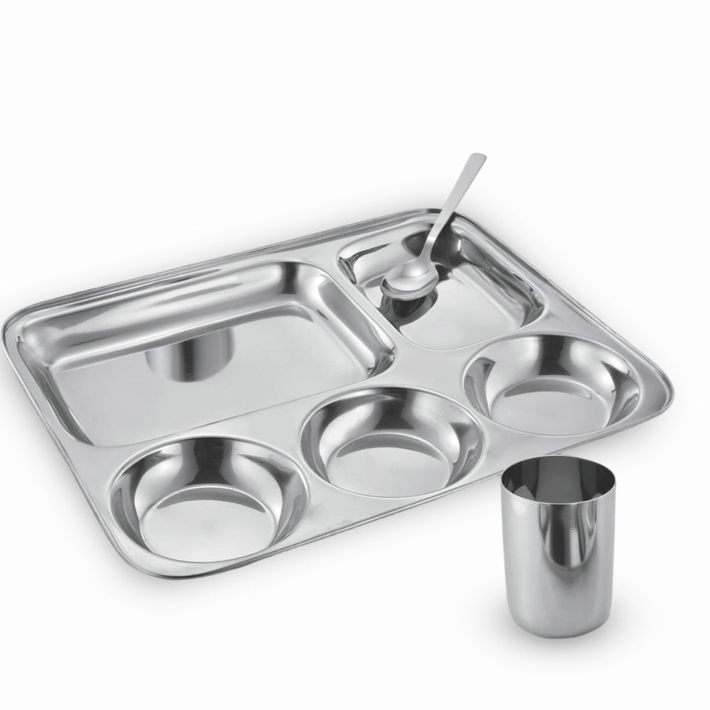 Platter Stainless Steel Compartment Plate with Premium Glass and Spoon Set of 3 - Silver