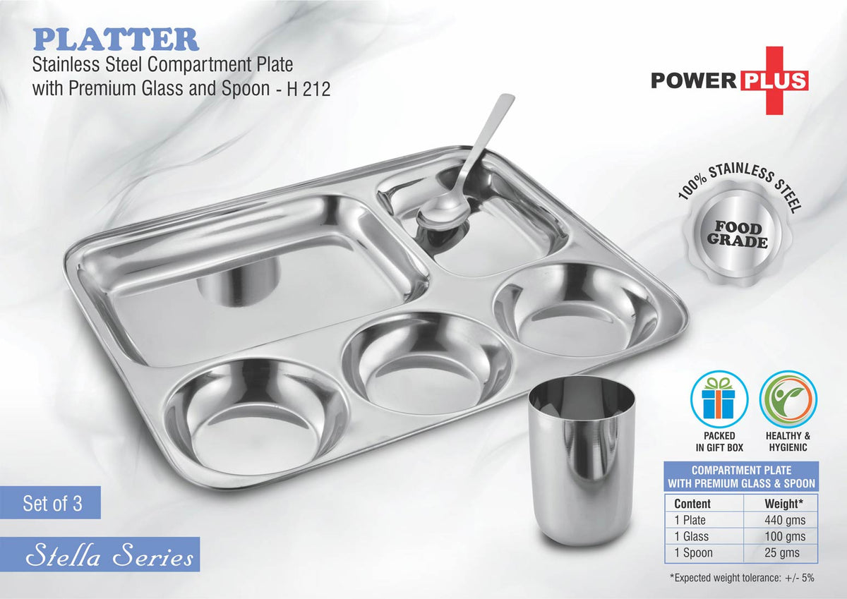 Platter Stainless Steel Compartment Plate with Premium Glass and Spoon Set of 3 - Silver