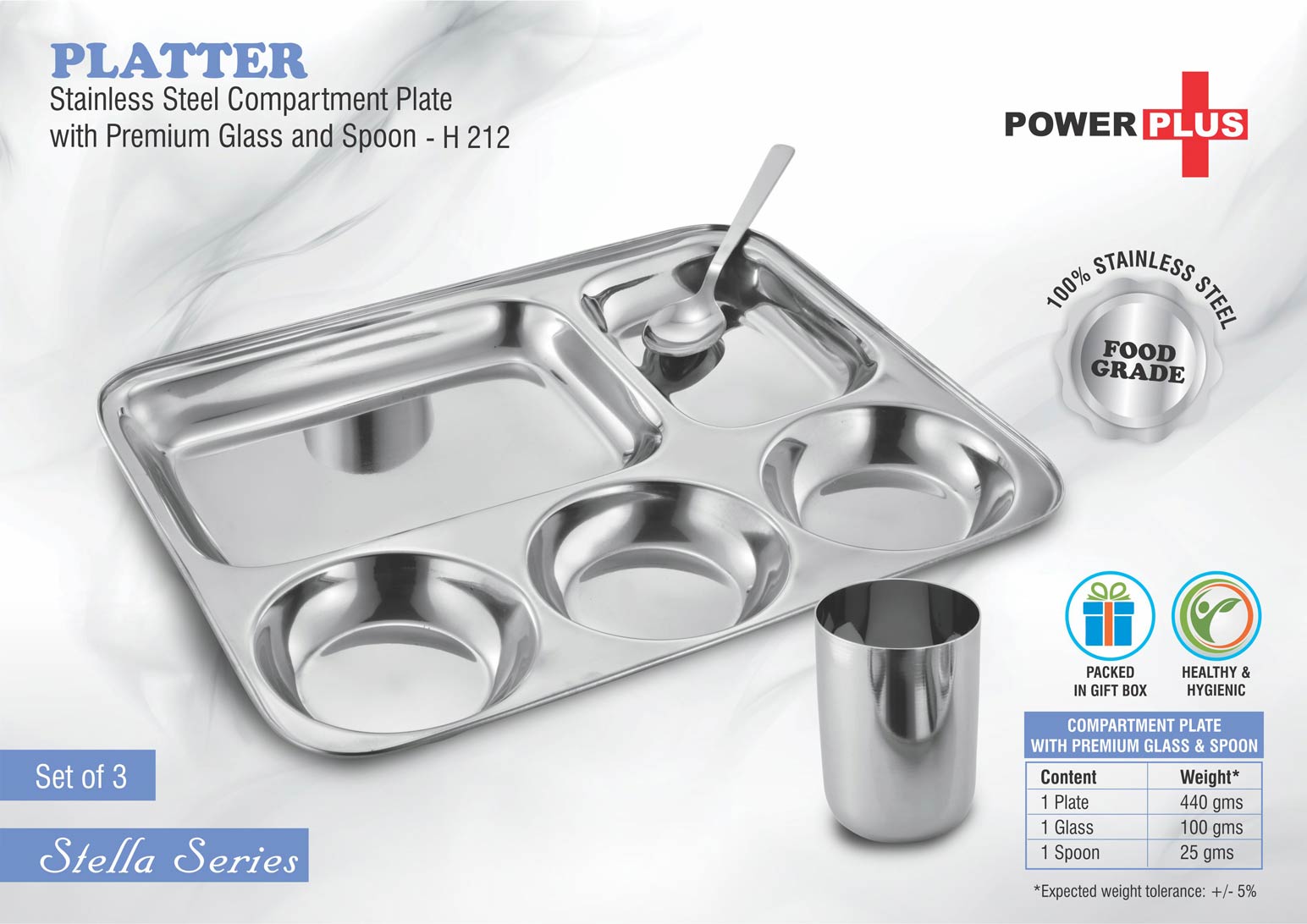 Platter Stainless Steel Compartment Plate with Premium Glass and Spoon Set of 3 - Silver
