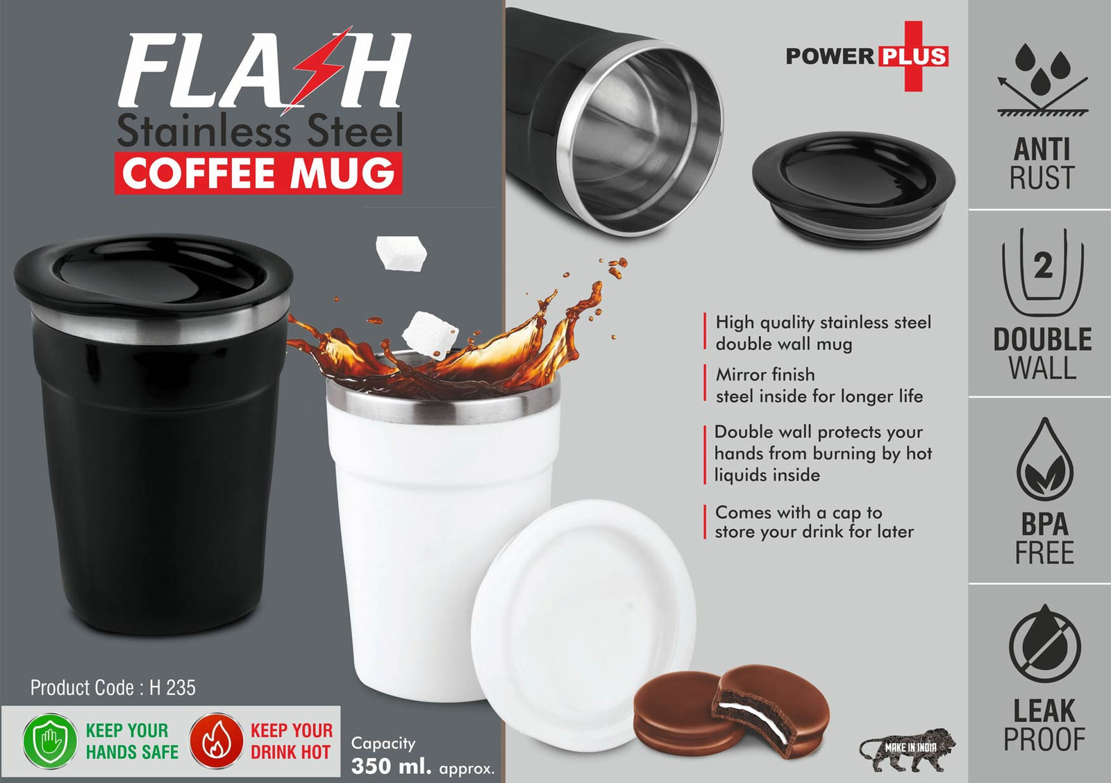 Get Your Caffeine Fix with Our Flash Stainless Steel Coffee Mug - 4 Panel Design, Leakproof, 350ml Capacity