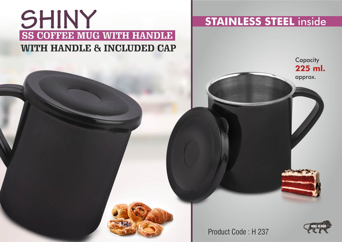 Shiny SS Coffee Mug with Handle and Cap, 225ml Capacity, Black