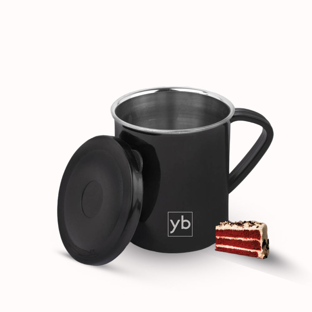 Shiny SS Coffee Mug with Handle and Cap, 225ml Capacity, Black